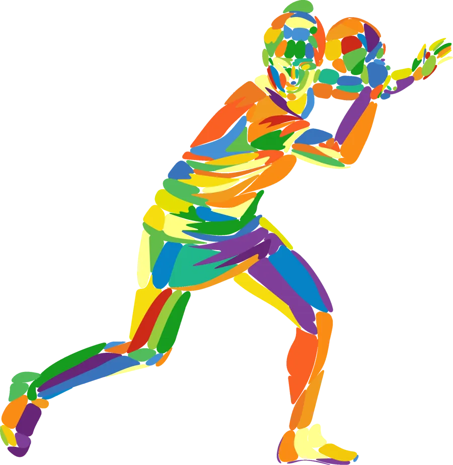 Ilustración de un jugador de tenis de mesa a punto de golpear, en mosaico de colores