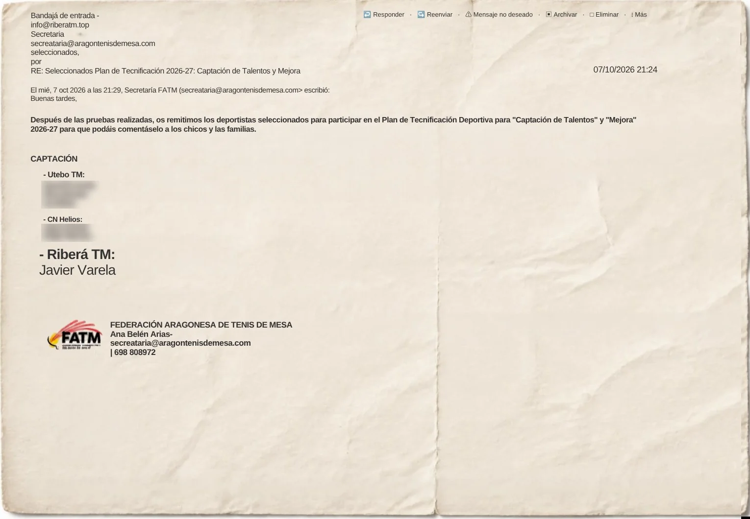 Correo de la Federación Aragonesa de Tenis de Mesa con los seleccionados de Captación: Ribera TM, Javier Varela